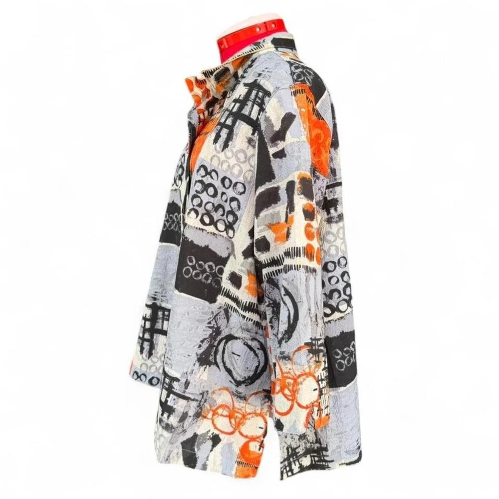 Ali Miles Art To Wear Orange &‎ Black Abstract Button Up Jacket Shirt